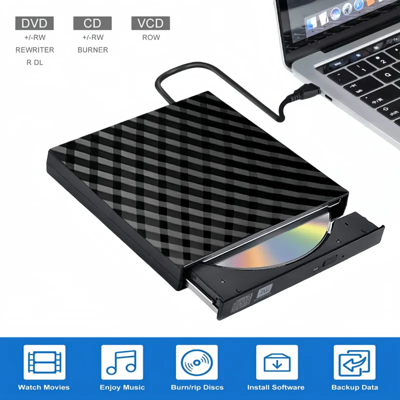 DVD writer extern MOSMAOO® ultra-subtire, DVD/CD/VCD +/-RW, suport M-DISC, compatibil cu USB tip C si tip A pentru Windows si Mac OS, Laptop Desktop PC Windows 11/10/8/7 Linux Mac OS, Negru