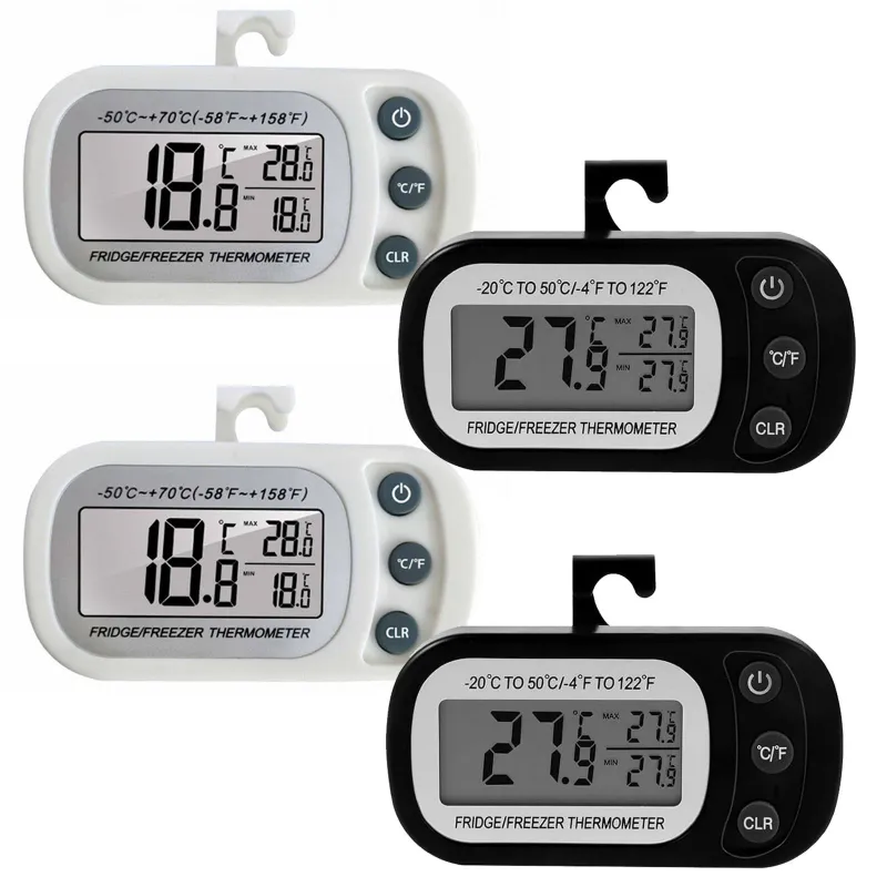 Set 4 termometru digital pentru frigider, Axroad Mall, Afisaj LCD, 3 Butoane, Cu magnet, Impermeabil si rezistent la umiditate, -20 -50°C, Pentru frigider, congelator, incaperi, ABS, 88*60*21mm, Alb/Negru