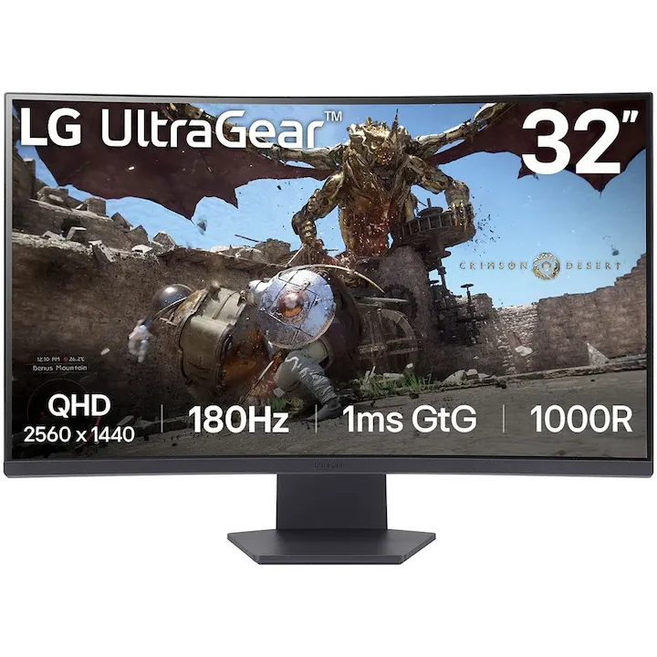 Monitor LED Gaming Curbat LG 32GS60QC-B, 31.5" , QHD (2560 x 1440), HDMI, DisplayPort, 180 Hz, 1 ms, Negru