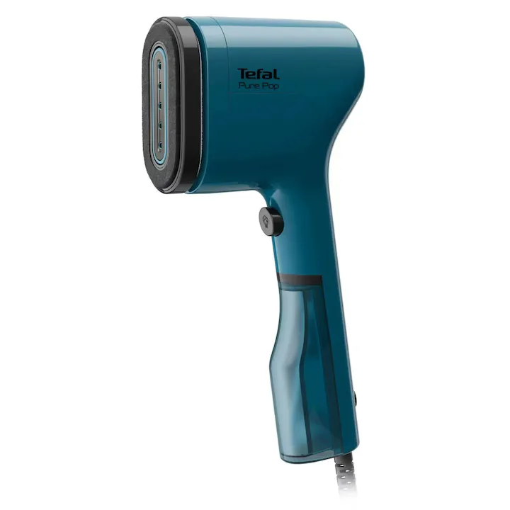 Fier de calcat vertical cu abur Tefal Pure Pop Garment DT2020E1, portabil, 1300 W, 0.07 litri, 20 g/min, rezervor de apa detasabil, pad reversibil, albastru