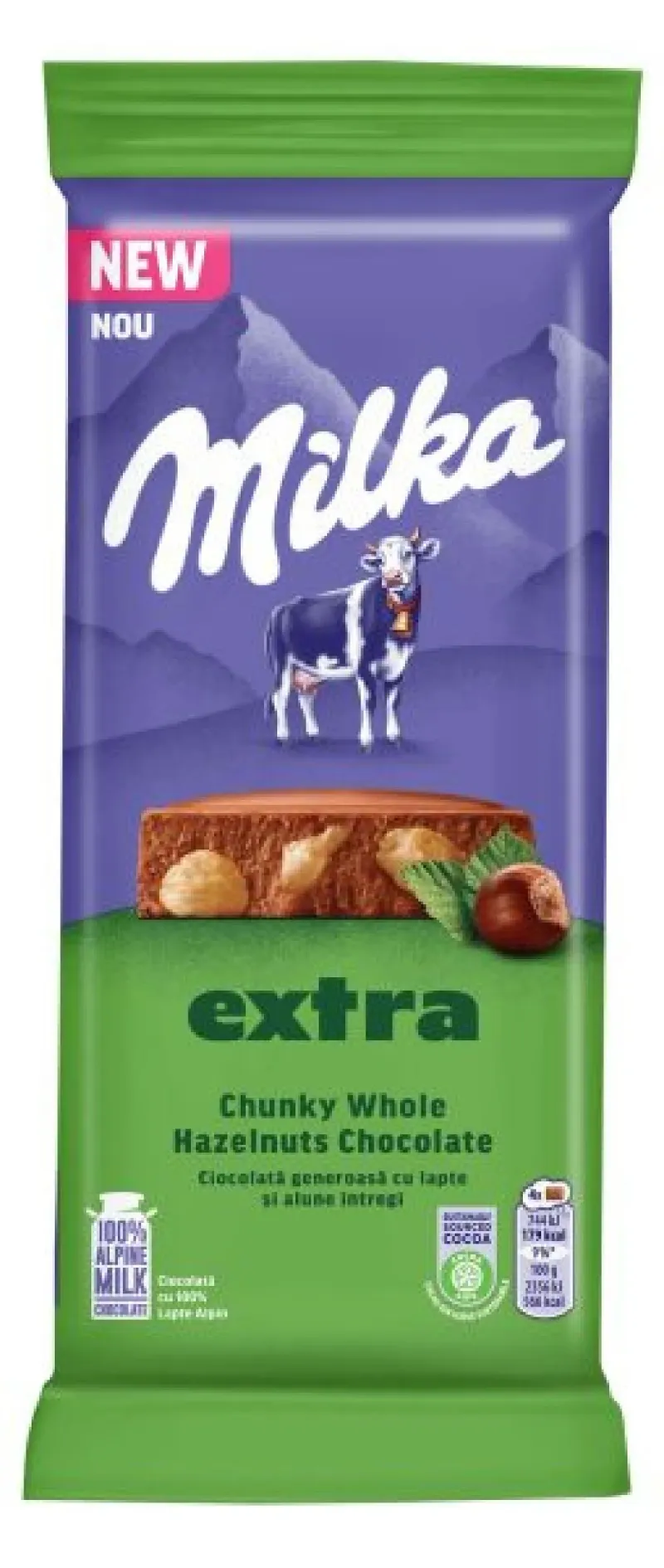 Ciocolata cu alune intregi si lapte alpin extra Milka, 190 g