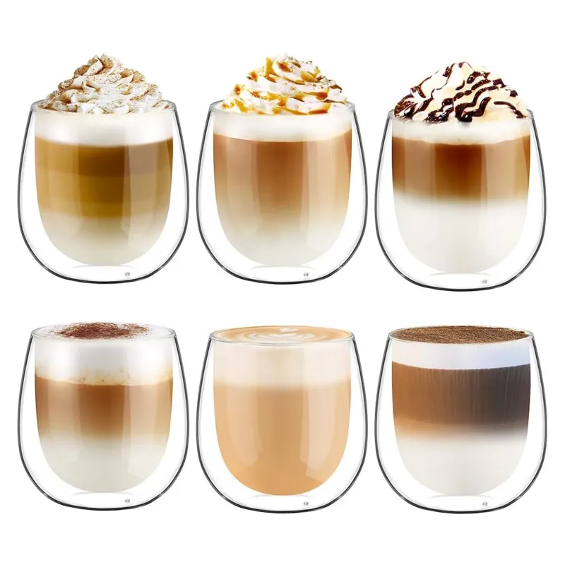 Set 6 pahare cu perete dublu, Axroad Mall, Pentru ceai, cafea, latte, espresso, cappuccino, macchiato, smoothie-uri si sucuri, Sticla, Diametru 8.5 x h9 cm, 250 ml, Transparent