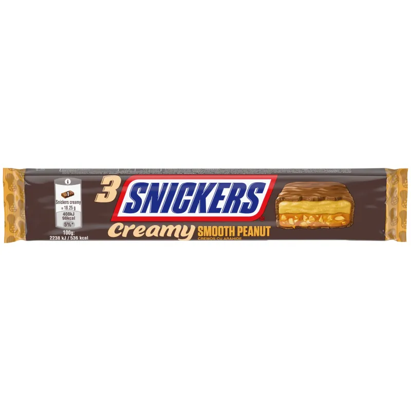Baton de ciocolata cu pasta de arahide si caramel cu arahide Snickers Creamy Peanut, 54,75 g