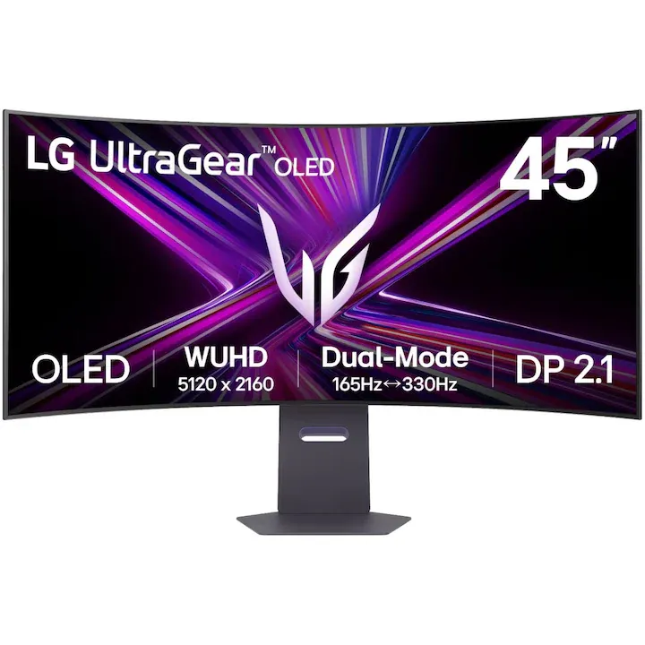 Monitor Gaming LG OLED UltraGear™, 45'', 5K2K (5120x2160), Dual-Mode WUHD 165Hz/ WFHD 330Hz, 1800R, 0.03ms GtG, Display HDR™400, NVIDIA G-Sync™ Compatible, AMD FreeSync™ Premium Pro, HDR10, VESA Adaptive Sync, VRR, Black Stabilizer, DP, USB-C, HDMI, Black