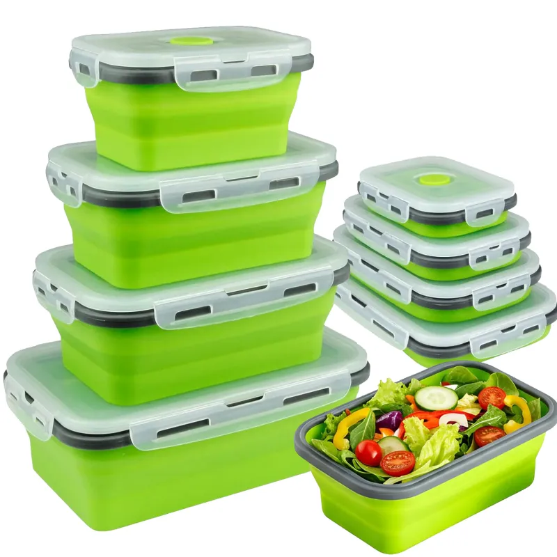 Set 4 caserole pliabile Recipiente din silicon cu capac, 350 ml, 500 ml, 800 ml, 1200 ml, cu marimi de la 13 x 9.7 x 6.1 cm la 22 x 14.4 x 7.1cm, Verde