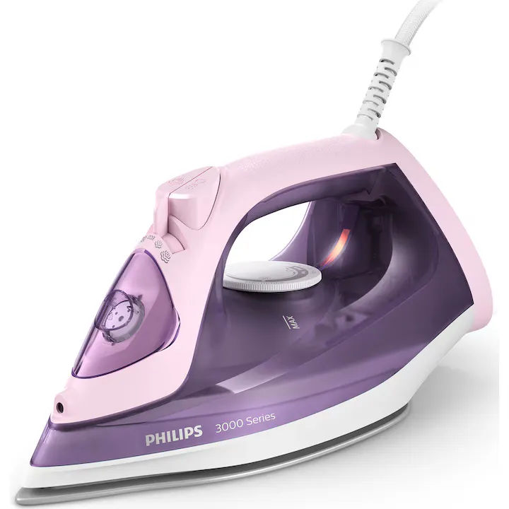 Fier de calcat Philips DST3020/30, 2200 W, capacitate rezervor 300 ml, debit abur 35 g/min, jet de abur 160 g, talpa ceramica, glisor anticalcar,Alb-Mov