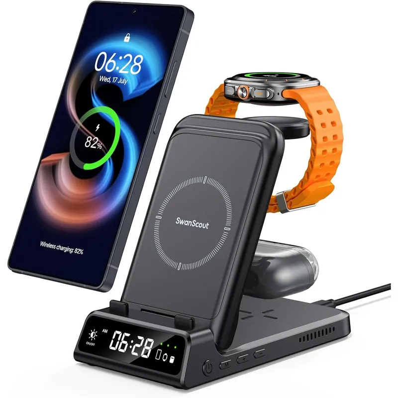 Incarcator Fara Fir pentru Samsung Galaxy S25/S24/S23/Z Flip 7/Z Fold, Statie de Incarcare pentru pentru Galaxy Watch 8/8 Classic/Ultra/7/6/5, Galaxy Buds 3 Pro/3, SwanScout 703S (Fara Adaptor)