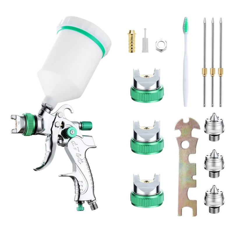 Set pistol de vopsit HVLP, 3 duze, reglaj flux si latime, 600ml, 4 bar, Pentru grunduri auto, pulverizarea suprafetelor de mobilier, vopsea de perete, WALALLA, argintiu/verde