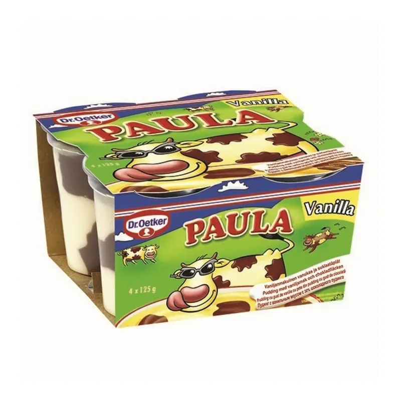 Budinca cu gust de vanilie si ciocolata Paula Vanilla, 4 x 125 ml