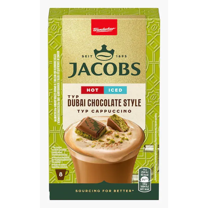 Café instant Jacobs Cappuccino Dubai Chocolate Style, 8 plicuri x 15g, ciocolată și fistic