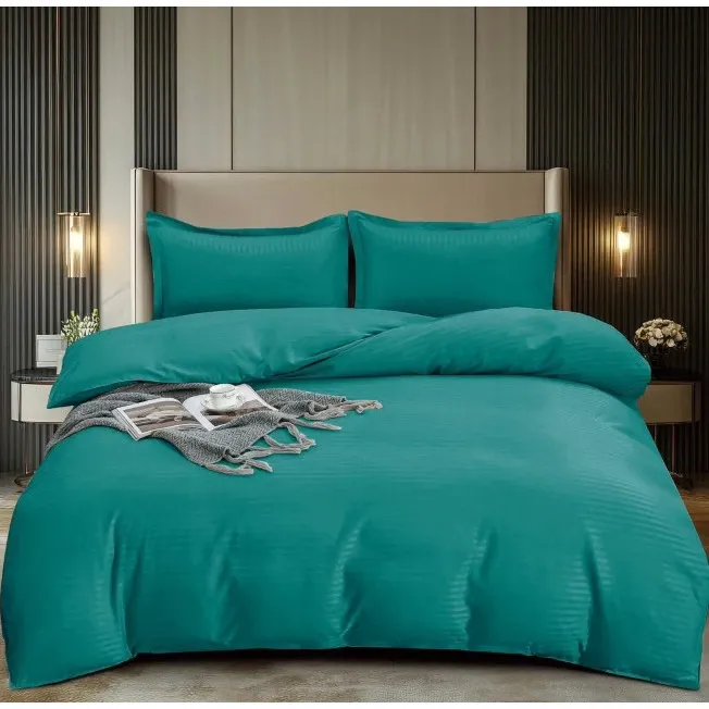 Lenjerie de Pat Dublu, Cearsaf cu Elastic, Damasc, Uni, 4 piese, 180x200cm, Turcoaz