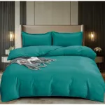 Lenjerie de Pat Dublu, Cearsaf cu Elastic, Damasc, Uni, 4 piese, 180x200cm, Turcoaz