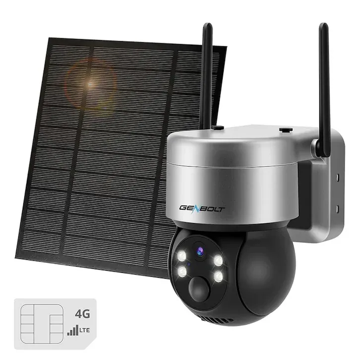 Camera de supraveghere cu SIM 4G si panou solar GENBOLT®, 3MP Full HD, 2K, Clear Night Vision mode, Acumulator 12000 mAh, Panou Solar 6W, 4X zoom, PTZ, Detectie Miscare PIR, comunicare bidirectionala, stocare card/cloud, negru