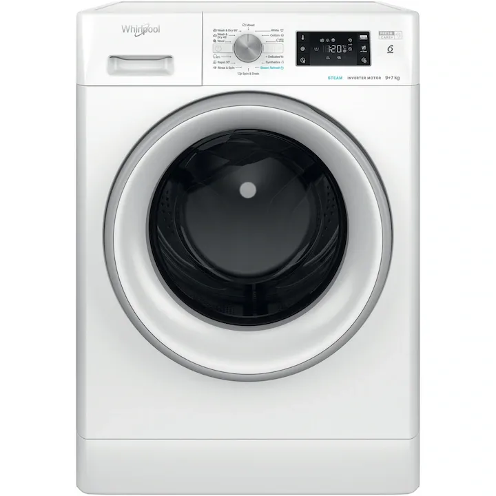Masina de spalat rufe cu uscator Whirlpool FreshCare+ FFWDB976258SVEE, 9 kg spalare, 7 kg uscare, 1600 RPM, Clasa B, Tehnologia al 6-lea Simt, FreshCare+, Motor Inverter, Display Digital, Alb
