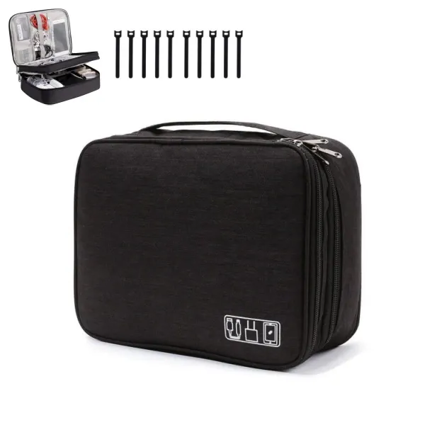 Geanta organizatoare pentru cabluri cu 10 legaturi de cablu, impermeabila, 28x21x9cm, neagra, capacitate mare cu compartimente multiple