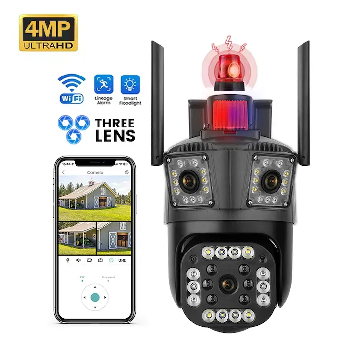 Camera Supraveghere Exterior Wi-Fi TehnoTek, 4MP, 3 Lentile, Panoramic 355, Inclinare 90°, Vedere Nocturna Color, Audio Bidirectional, Alarma Luminosa & Sonora, IP66, Urmarire Automata, Stocare Cloud/SD, App V380 Pro