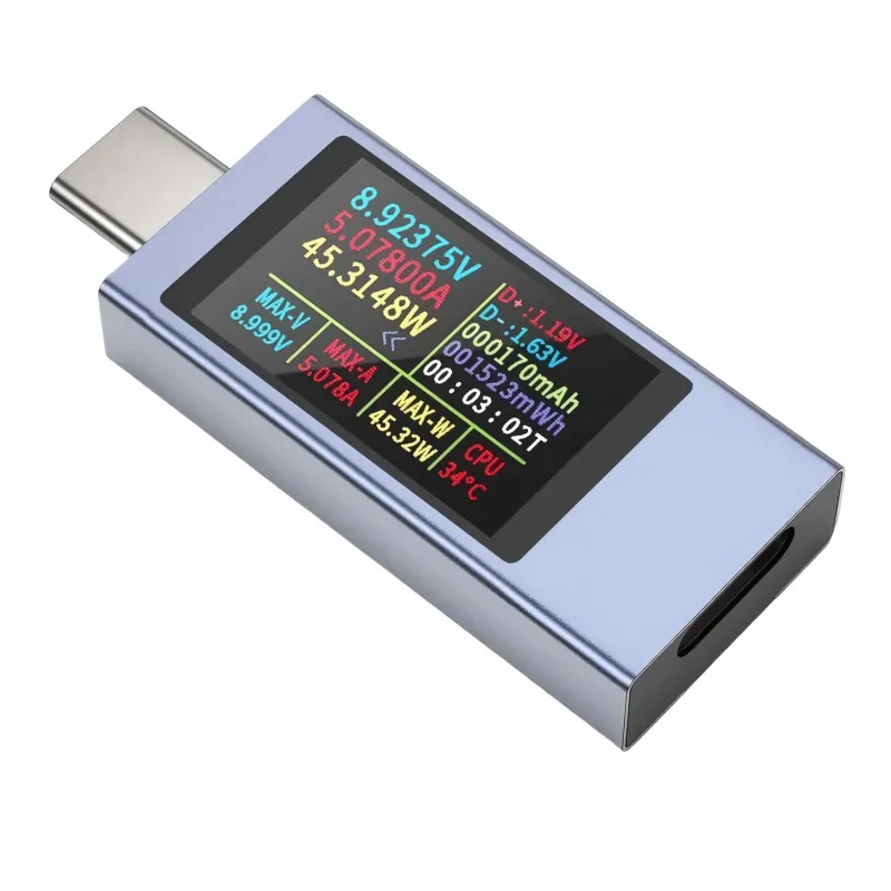 Tester de tensiune USB-C, Curent 0-12A, Poate testa si analiza dispozitivele de incarcare USB-C in timp real, Ecran OLED color, Gri