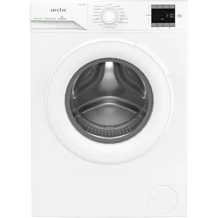Masina de spalat rufe Arctic APLM1WFSU17210W, 7 Kg, 1200 RPM, Clasa energetica A, Motor Silent Inverter, ExtraSteam, IronExpress, Fast/Intensive, Steam, Prewash, Child Lock, Add-In, Alb