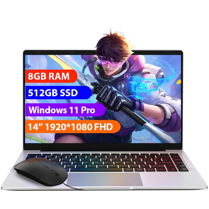 14" cu procesor Intel Celeron N4120, 8GB RAM, 512GB SSD, 1920*1080 FHD, Windows 11 Pro, Intel® UHD Graphics 600, 5GHz Wifi, 5000mAh, Argintiu