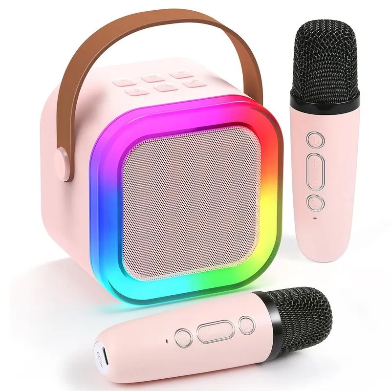 Set Karaoke pentru copii, 2 microfoane wireless, LED color, efect de schimbare a vocii, portabil, wireless, Bluetooth, potrivit atat pentru copii cat si pentru adulti, roz