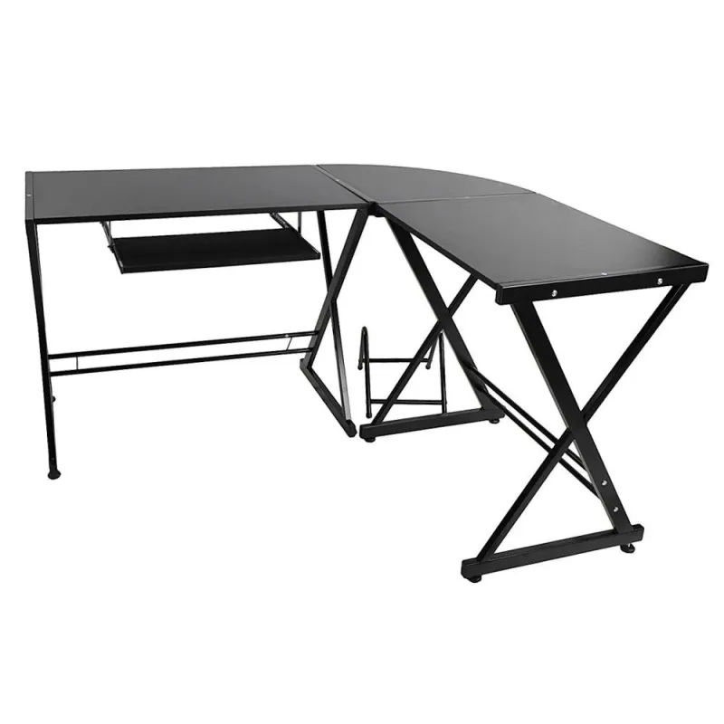 Birou de colt in forma de L Timeless Tools, suport culisant tastatura, stativ unitate, picioare metalice, 148.5 x 131.2 x 73 cm, Negru