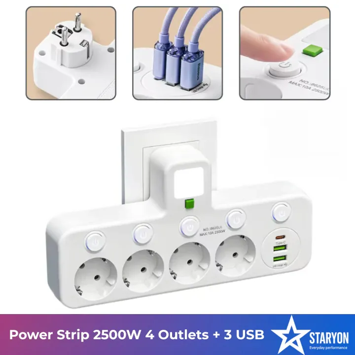Bloc Multipriza / Priza Multipla 2500W Staryon®, 4 Prize Schuko + 2 Porturi USB-A + 1 Port USB-C, Protectie Supratensiune, Intrerupatoare Individuale, Lumina de Noapte, Material ignifug, Alb