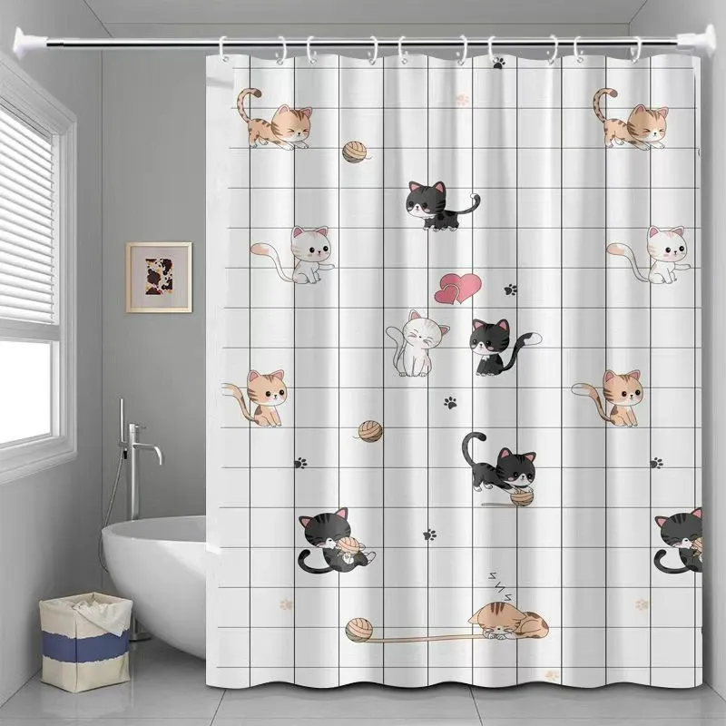 Perdea de dus Domax, Pisicutele obraznice, alb, 180x180cm, impermeabila, cu carlige