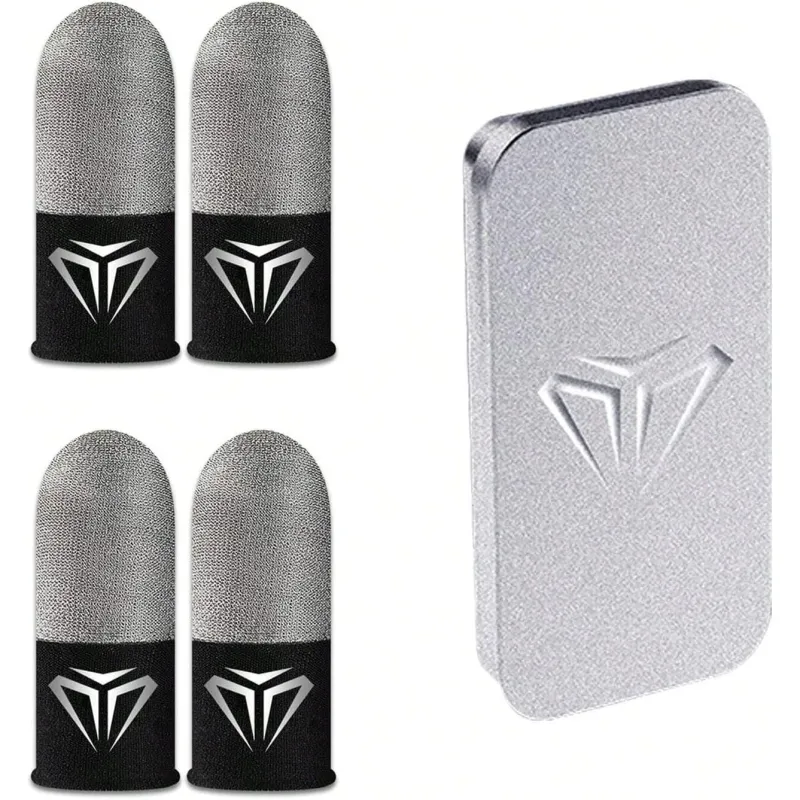 Set 4 degetare (manusi) gaming profesionale, Lecheng®, fibra silver, anti-transpiratie pentru telefon si tableta, Pubg, Fortnite, Call of duty, cu cutie metalica de depozitare, Negru/Gri