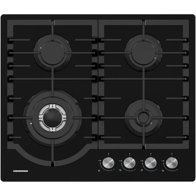 Plita incorporabila Heinner HBH-M447IWFGBK, Gaz, 4 arzatoare, Gratar fonta, Wok, Aprindere electrica, Dispozitiv de siguranta, 60 cm, Sticla neagra