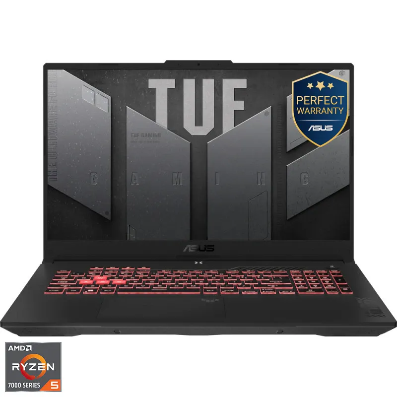 Gaming ASUS TUF A17 FA707NU cu procesor AMD Ryzen™ 5 7535HS pana la 4.55GHz, 17.3'', Full HD, IPS, 144Hz, 16GB DDR5 RAM, 512GB SSD, NVIDIA® GeForce RTX™ 4050 6GB GDDR6, No OS, Mecha Gray