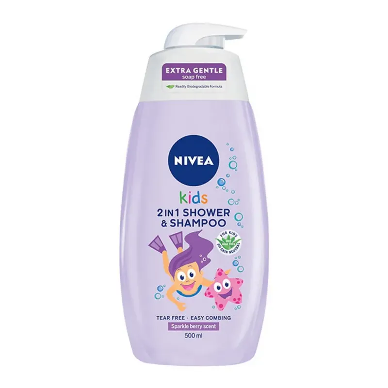Gel de dus si sampon Nivea 2in1, pentru copii, parfum fructe de padure, 0.5 l
