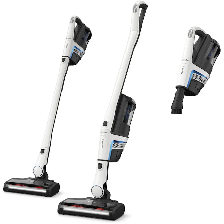 Aspirator vertical Miele Triflex HX2 Blue Pulse 12921610, 3 in 1, 25.2 V, 0.5 l, autonomie 60 min, tehnologie Vortex, perie electrică Multi Floor XXL SEB 435 cu BrilliantLight, Alb lotus