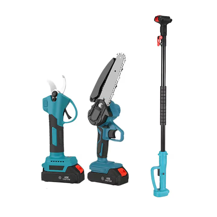 Set drujba si foarfeca electrica cu acumulatori de 48V NEXTLY, brat telescopic extensibil 105-165cm, pentru gradinarit, albastru-negru