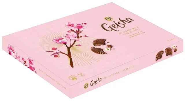 Praline de ciocolata cu lapte si umplutura de nuga cu alune de padure Fazer Geisha, 185 g