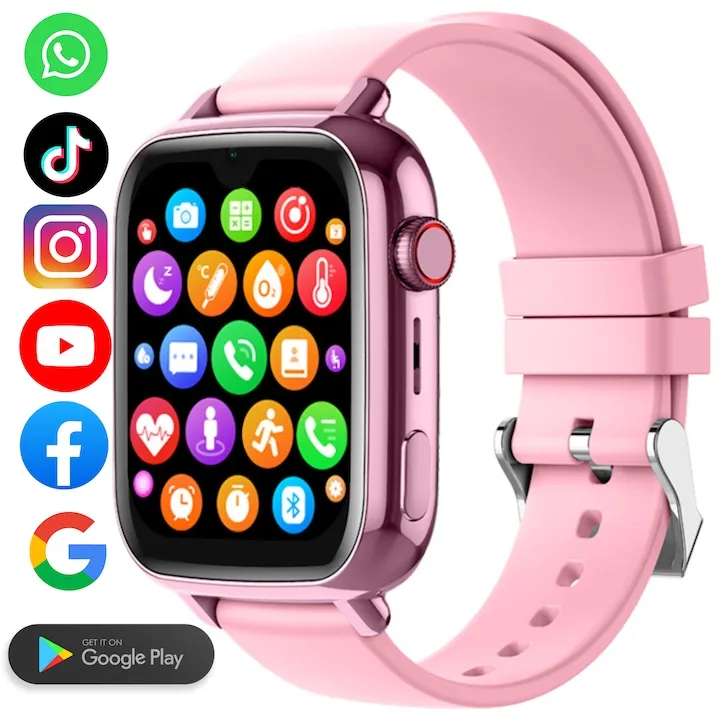 Ceas smartwatch copii GPS 4G, Google play, Whatsapp, Tiktok, Instagram, Youtube, Facebook, camera HD, Wingereich ™, localizare GPS, telefon, apel video HD, Super AMOLED, WIFI, bluetooth, apa IP67, Android, IOS, SOS, monitorizare spion, ritm cardiac, roz