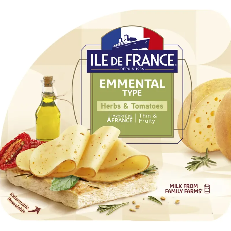 Branza felii Ile de France Emmental Herbs & Tomatoes, 150 g