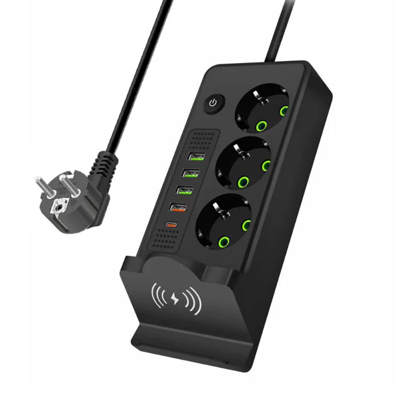 Prelungitor 9-in-1, 3 prize, 4 porturi USB-A, 1 port USB-C, suport de incarcare wireless, 2m, negru