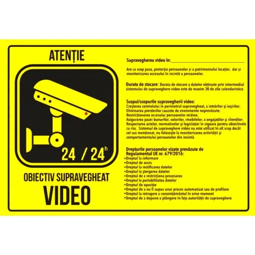 Indicator Supraveghere video scopul si drepturile, Sticker autocolant, Cri-Flo, Dimensiune A5 21x15 cm