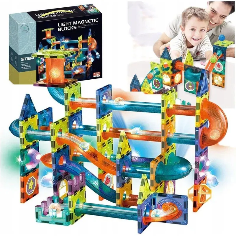 Set de Constructie Magnetic Tiles 3D, jucarii educationale luminoase STEM, baieti si fete, 110 Piese, 3 ani +
