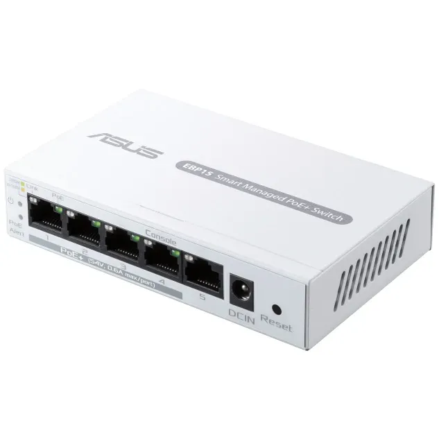 Switch PoE+ Business ASUS ExpertWiFi EBP15, 5 porturi gigabit din care 4 porturi PoE+ cu pana la 60 wati, VLAN, QoS, Port Mirroring, AiMesh, montare perete
