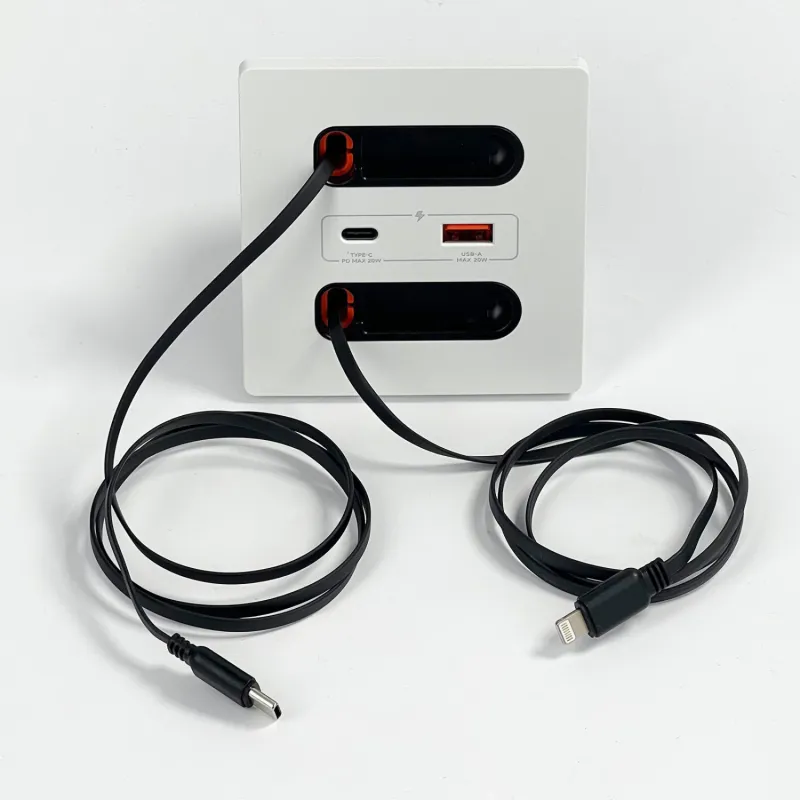 Priza de perete BIZAIMO® cu Incarcare Rapida 20W, Cabluri retractabile lungime 0.8m USB-C si Lightning, Porturi USB-A si USB-C, 16A, Alb
