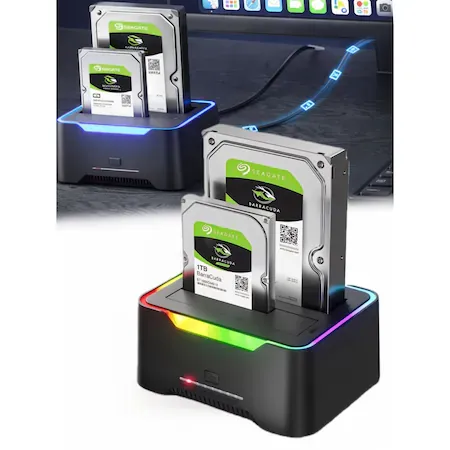 Statie de andocare pentru hard disk RGB, USB 3.0, Docking Station Dual Pentru 2.5/3.5 inch SATA HDD SSD, Functia de clonare offline, 2 x 20TB, Pana la 5Gbps, Support UASP, Negru, BIGLISTENING®