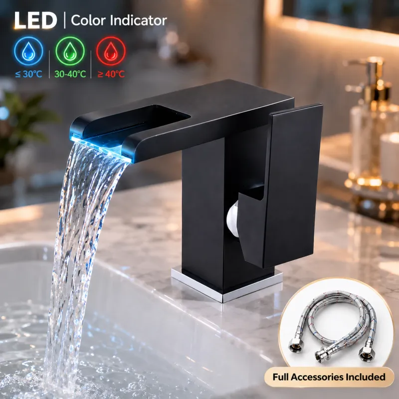 Baterie lavoar EXCITAT® cu LED care isi schimba culoarea in functie de temperatura apei, tip cascada, negru mat, montaj un singur orificiu, maneta laterala, 2 furtunuri incluse