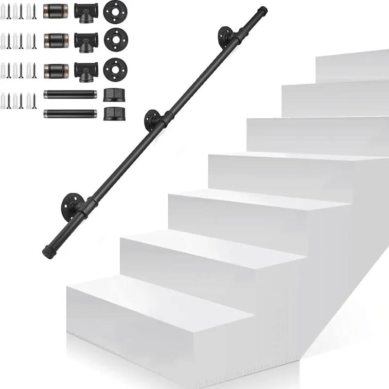 Kit mana curenta, Fier, 150 cm, diametru 32 mm, Maner industrial antiderapant pentru interior si exterior, pentru urcatul scarilor, set de suport pentru varstnici si copii, Negru