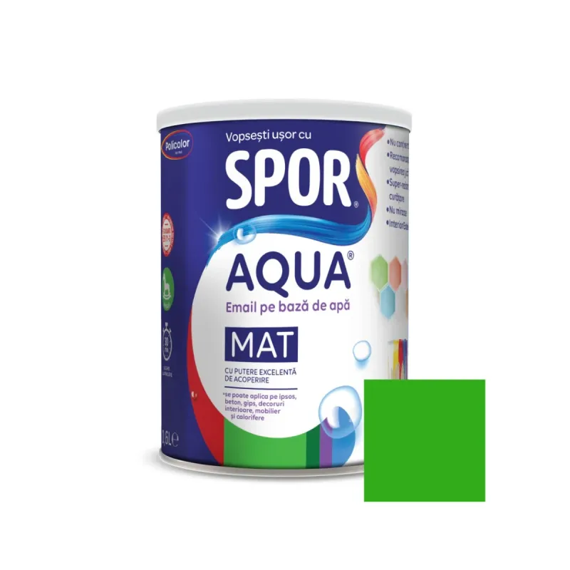 Email pentru lemn / metal, Spor Aqua mat, interior / exterior, pe baza de apa, verde kiwi, 0.6 L | Dedeman