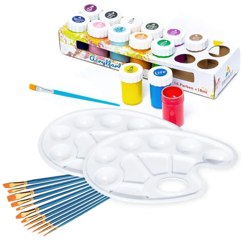 Set de Vopsele Acrilice, Tritart, 12 Perii si 2 Palete, 14 Vopsele, 252 ml