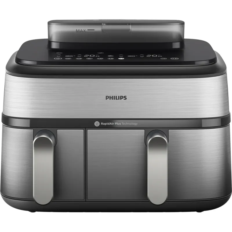 Friteuza cu aer cald dubla PHILIPS Seria 5000 NA555/00, 3kg, 9l, 2750W, functie Air Steam, argintiu-negru