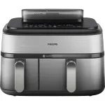 Friteuza cu aer cald dubla PHILIPS Seria 5000 NA555/00, 3kg, 9l, 2750W, functie Air Steam, argintiu-negru