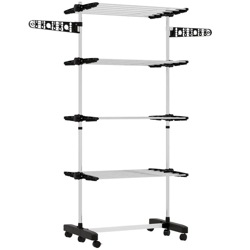 Uscator de rufe pliabil HOMCOM din otel inoxidabil si plastic, suport de uscare turn vertical extensibil cu economie de spatiu cu 6 roti, carlige si 4 rafturi reglabile pentru interior, 142x55x172 cm, negru argintiu