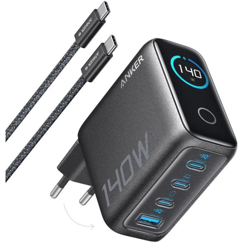 Incarcator retea Anker 140W Digital Display 3x USB-C 1x USB-A PD 3.1 cablu USB-C inclus Negru